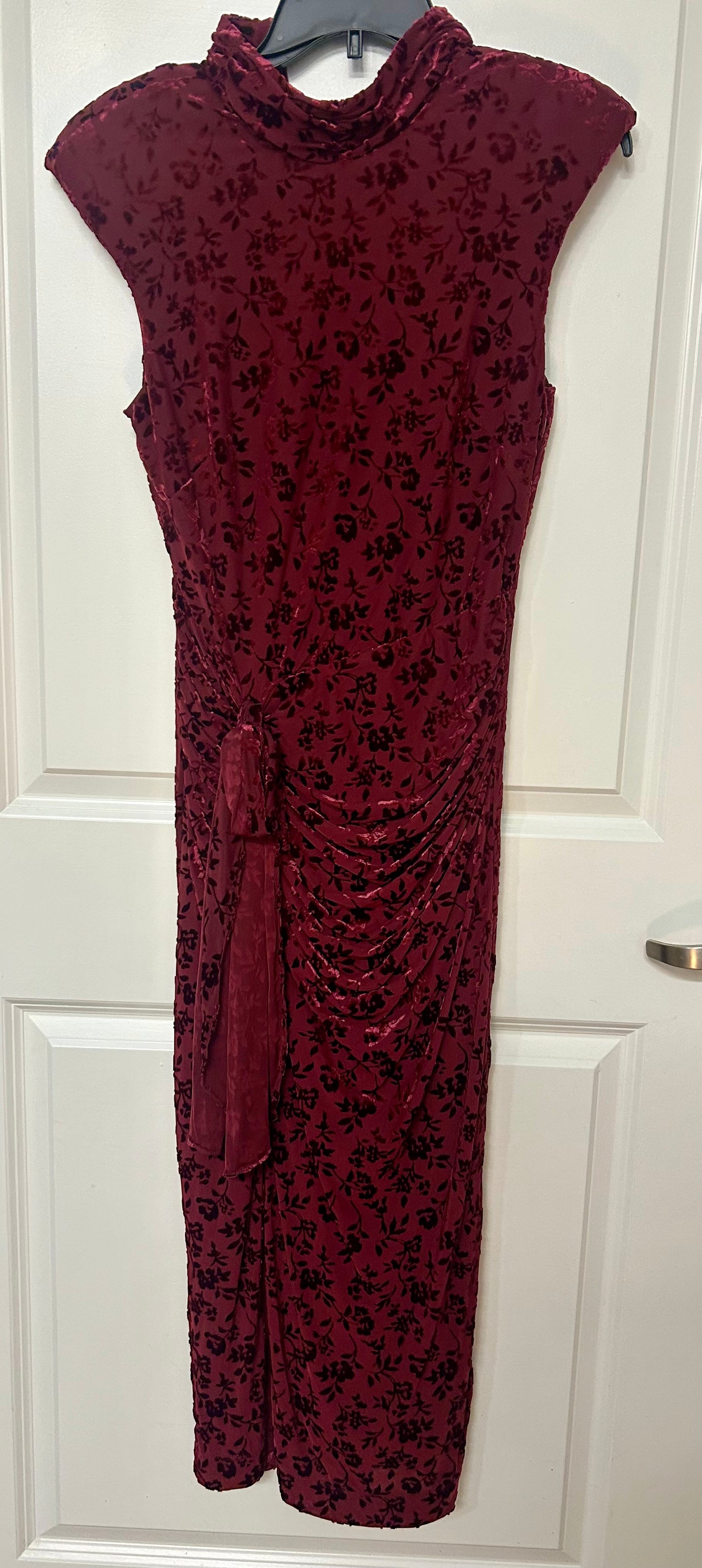 Maroon Velvet Mock Neck Cocktail Dress, Sleeveless Ruched Midi, Size 8 NWT
