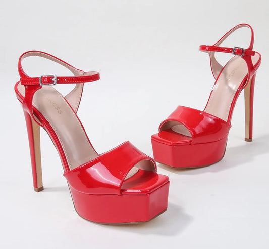 Berness Red Patent Platform Pumps- High Block Heel Ankle Strap Peep Toe Pumps Size 8 New In Box