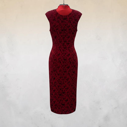 Maroon Velvet Mock Neck Cocktail Dress, Sleeveless Ruched Midi, Size 8 NWT