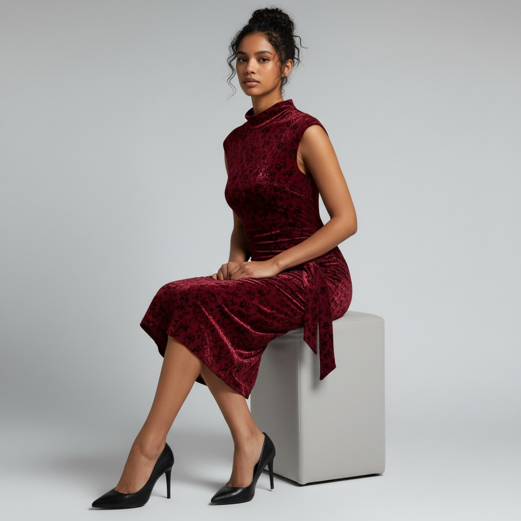 Maroon Velvet Mock Neck Cocktail Dress, Sleeveless Ruched Midi, Size 8 NWT