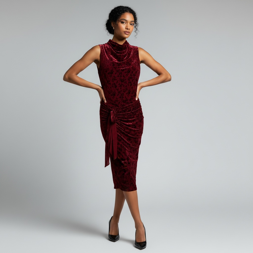 Maroon Velvet Mock Neck Cocktail Dress, Sleeveless Ruched Midi, Size 8 NWT