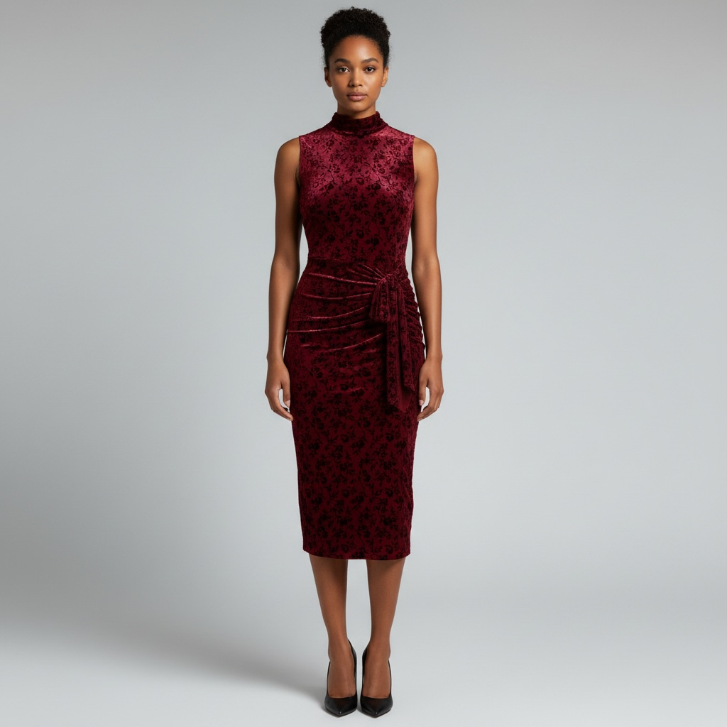 Maroon Velvet Mock Neck Cocktail Dress, Sleeveless Ruched Midi, Size 8 NWT