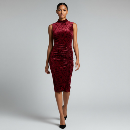 Maroon Velvet Mock Neck Cocktail Dress, Sleeveless Ruched Midi, Size 8 NWT