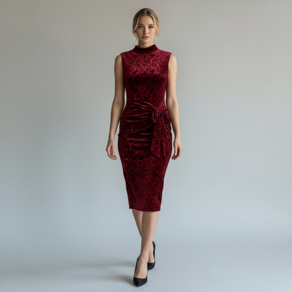 Maroon Velvet Mock Neck Cocktail Dress, Sleeveless Ruched Midi, Size 8 NWT