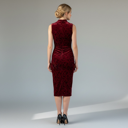 Maroon Velvet Mock Neck Cocktail Dress, Sleeveless Ruched Midi, Size 8 NWT