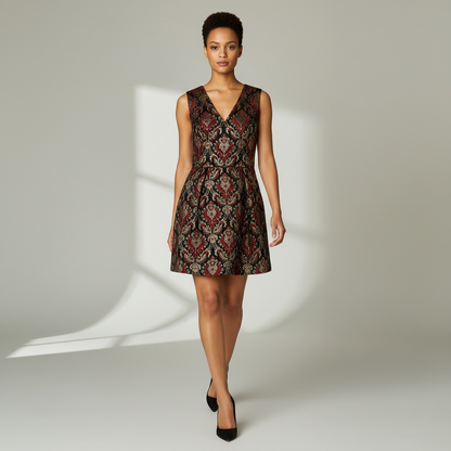Vince Camuto Metallic Gold Red Tapestry Jacquard V-Neck Midi Dress Size 14 NWT