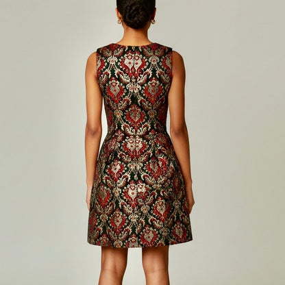 Vince Camuto Metallic Gold Red Tapestry Jacquard V-Neck Midi Dress Size 14 NWT