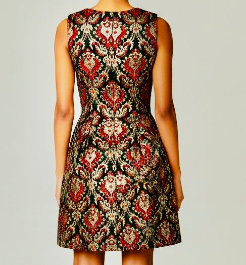Vince Camuto Metallic Gold Red Tapestry Jacquard V-Neck Midi Dress Size 14 NWT