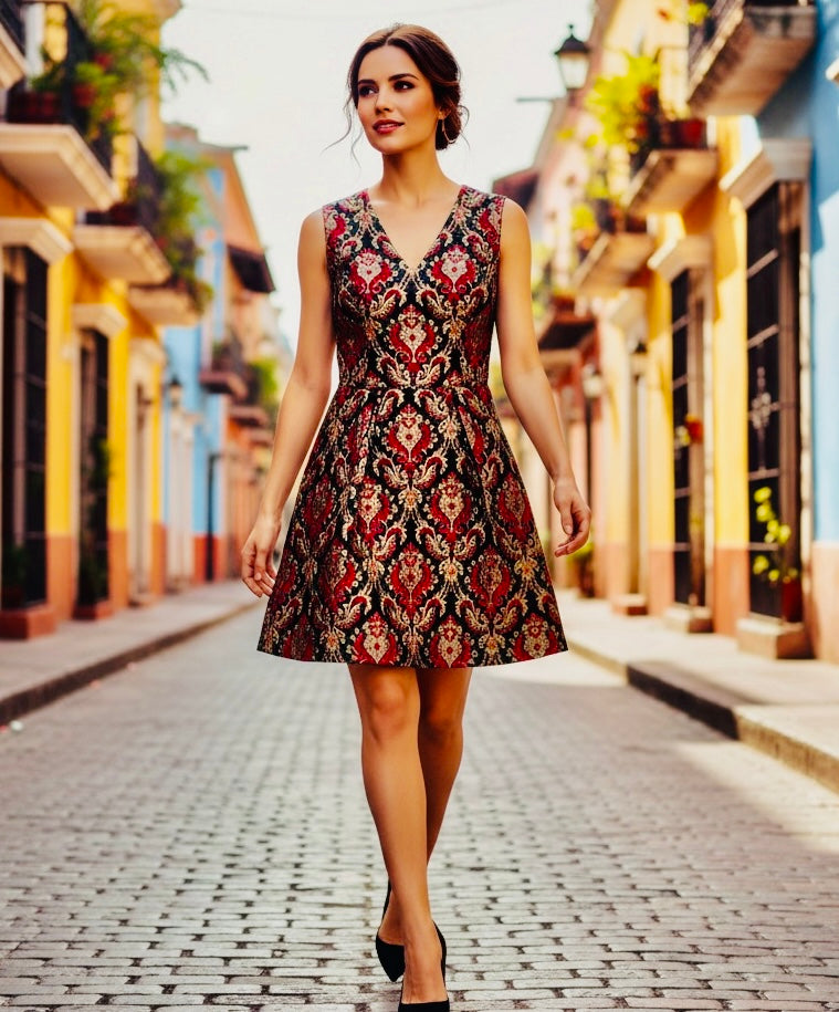 Vince Camuto Metallic Gold Red Tapestry Jacquard V-Neck Midi Dress Size 14 NWT